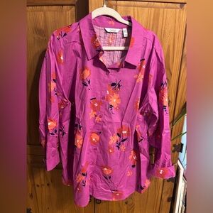 D & Co Bright Magenta Floral Button-Up Shirt Sz 2x